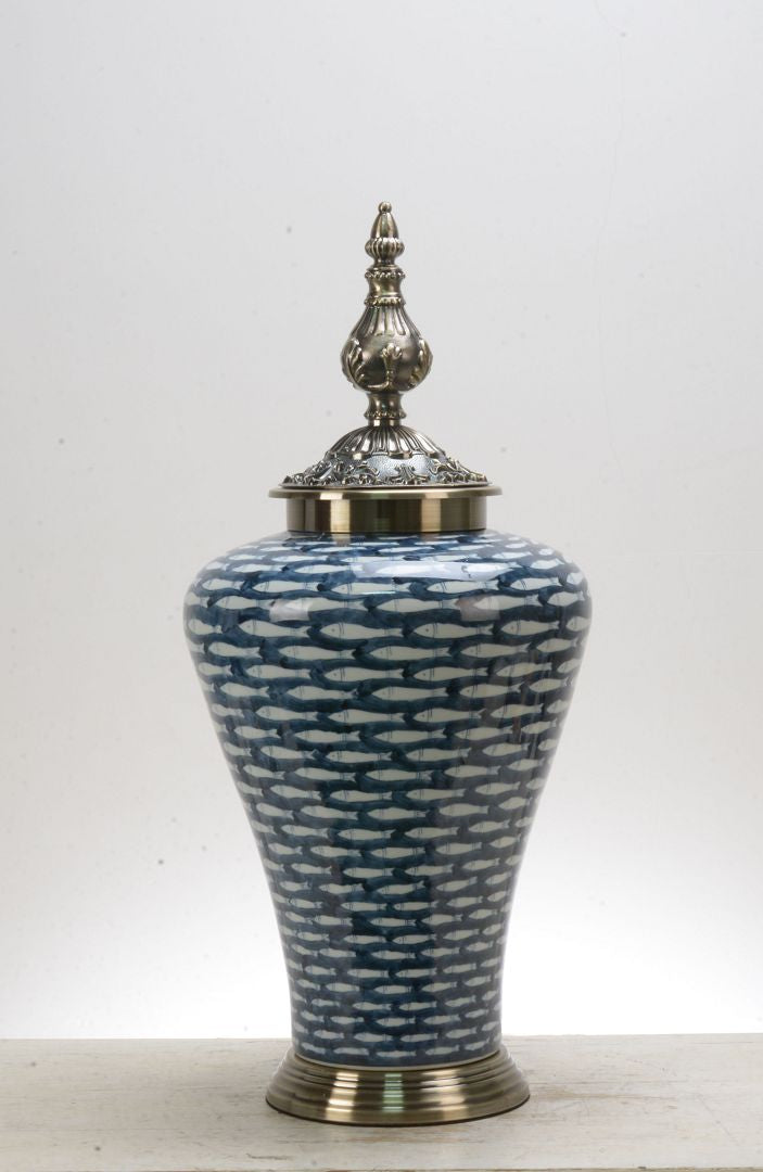 Shoal Fish Blue Ceramic Temple Jar with Metal Lid - 62cm