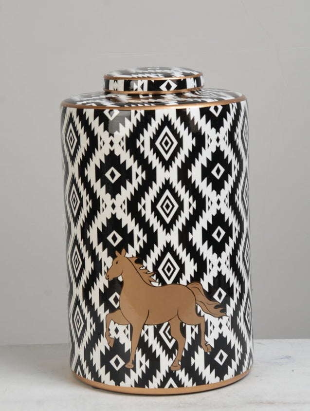 Zigzag Pattern with Gold Horse Ceramic Ginger Jar - 33cm