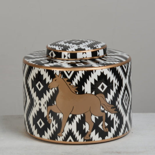 Zigzag Pattern with Gold Horse Ceramic Ginger Jar - 17cm