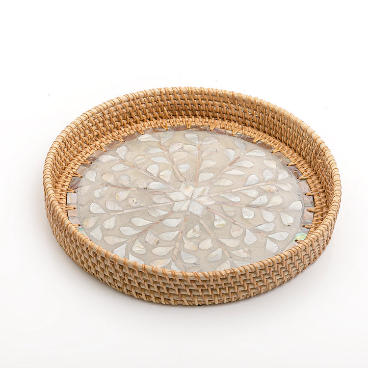 Mother of Pearl Rattan Round Tray