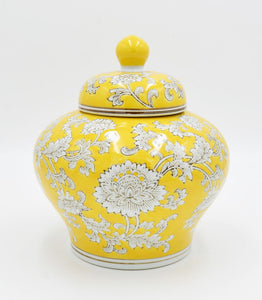 Flower Pattern Yellow Ceramic Ginger Jar - 24cm