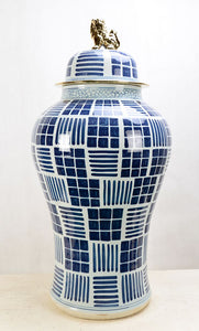 Vintage Blue and White Stripe Large Ceramic Decorative Temple Jar - 111cm