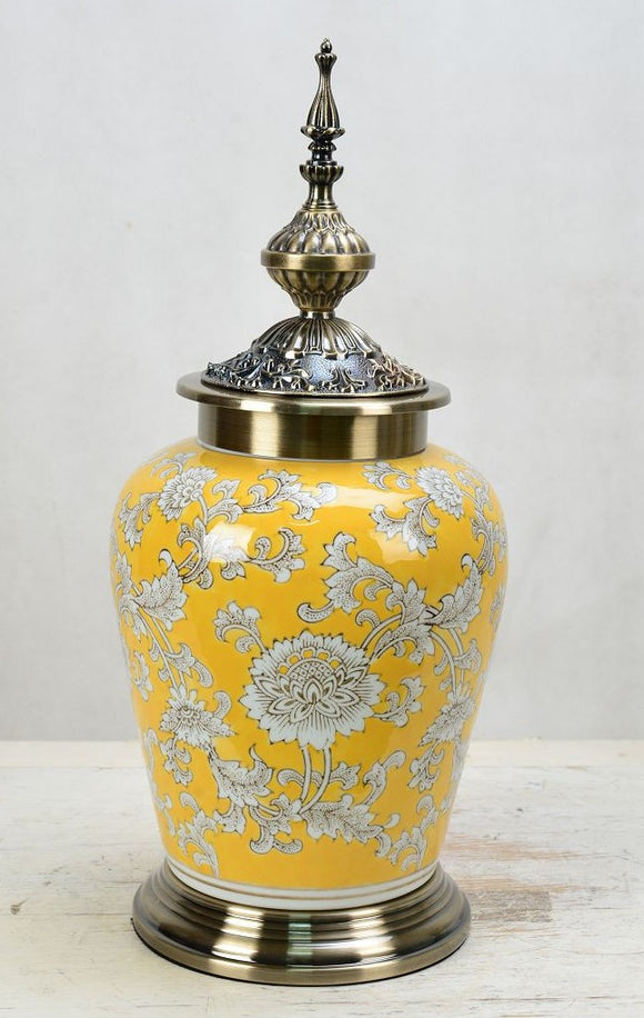Flower Pattern Yellow Ceramic Temple Jar with Metal Lid - 47cm