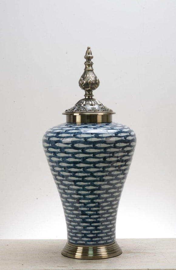 Shoal Fish Blue Ceramic Temple Jar with Metal Lid - 62cm