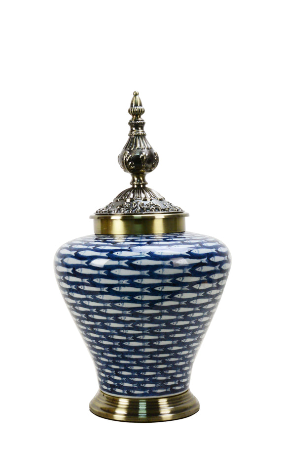 Shoal Fish Blue Ceramic Temple Jar with Metal Lid - 49cm