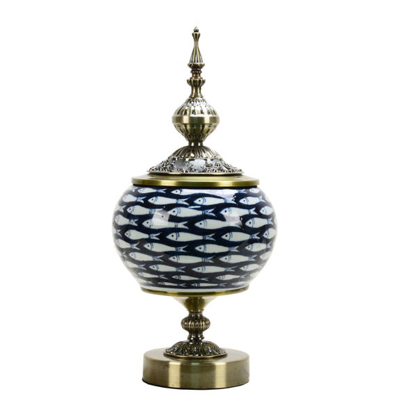 Shoal Fish Blue Ceramic Temple Jar with Metal Lid - 34cm
