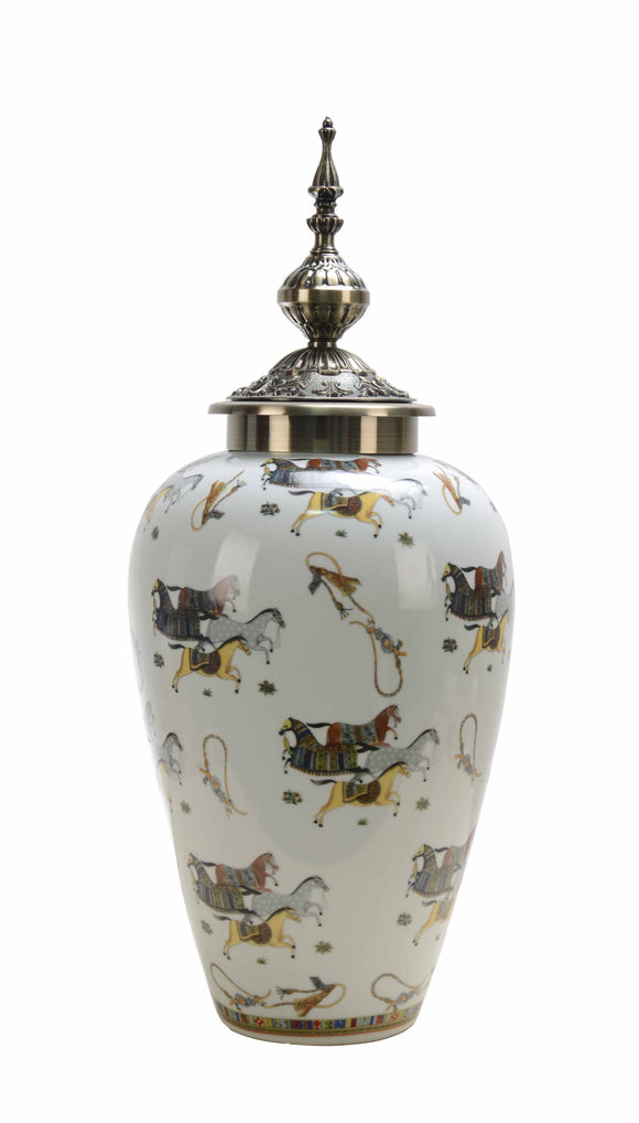Equestrian Ceramic Temple Jar with Metal Lid - 56cm