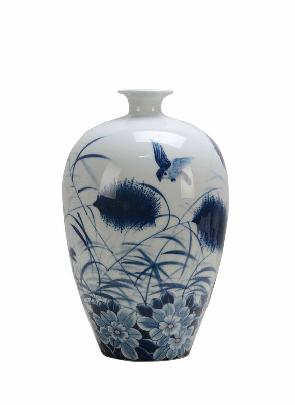 Birds and Blossom Blue Ceramic Vase - 36cm
