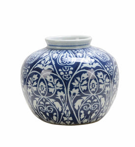 Floral Blue Ceramic Round Vase - 20cm