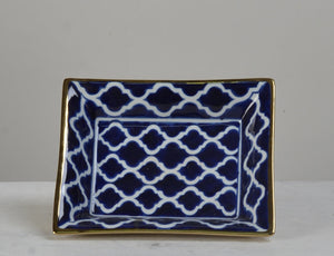 Geometric Pattern Blue and Gold Trim Ceramic Decor Plate - 20cm