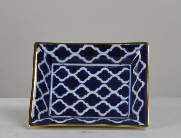 Geometric Pattern Blue and Gold Trim Ceramic Decor Plate - 20cm