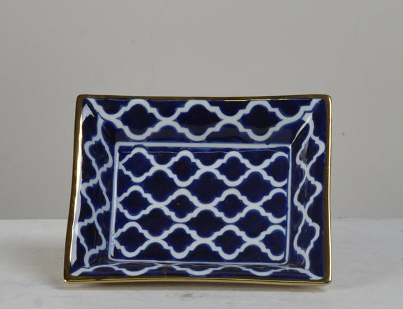Geometric Pattern Blue and Gold Trim Ceramic Decor Plate - 20cm