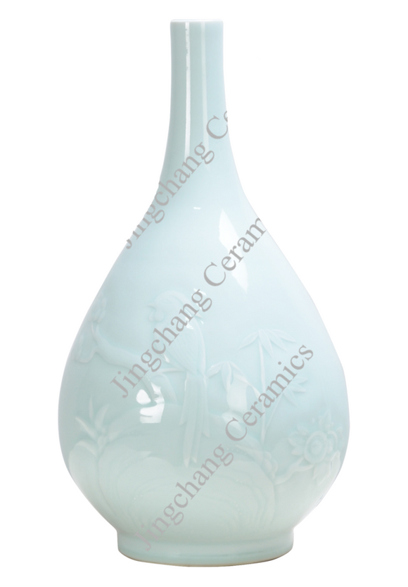 Bird and Flower Blue Ceramic Beaker Vase - 38cm