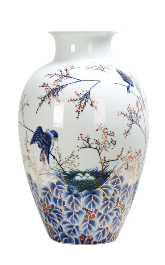 Birds and Blossom Blue Ceramic Vase - 50cm