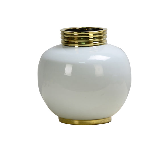 Glossy Off White Gold Trim Round Ceramic Vase - 25cm