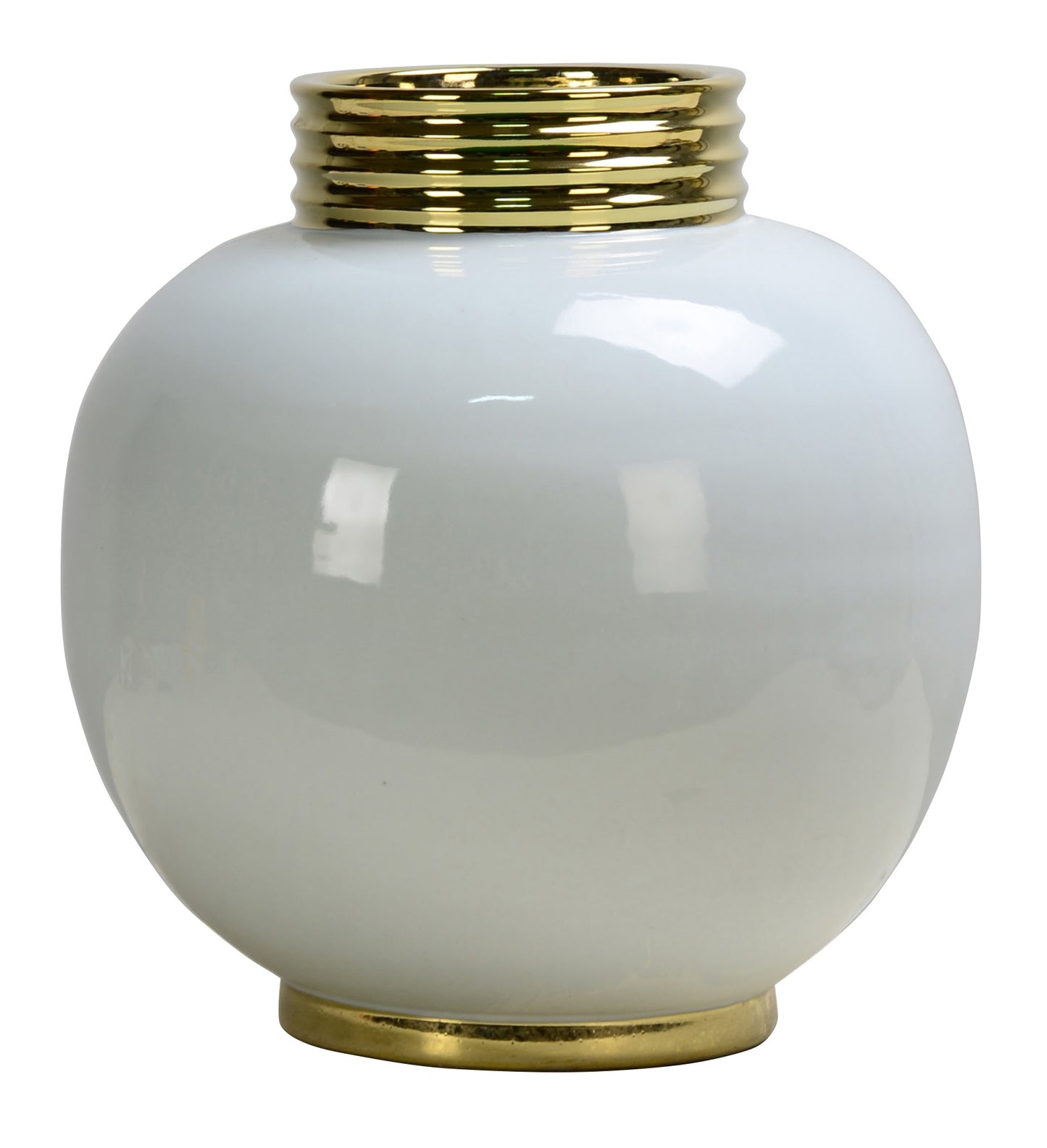 Glossy Off White Gold Trim Round Ceramic Vase - 29cm