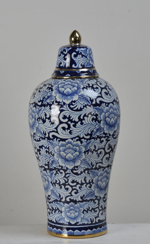 Chinoiserie Gold Trim Ceramic Ginger Jar - 53cm