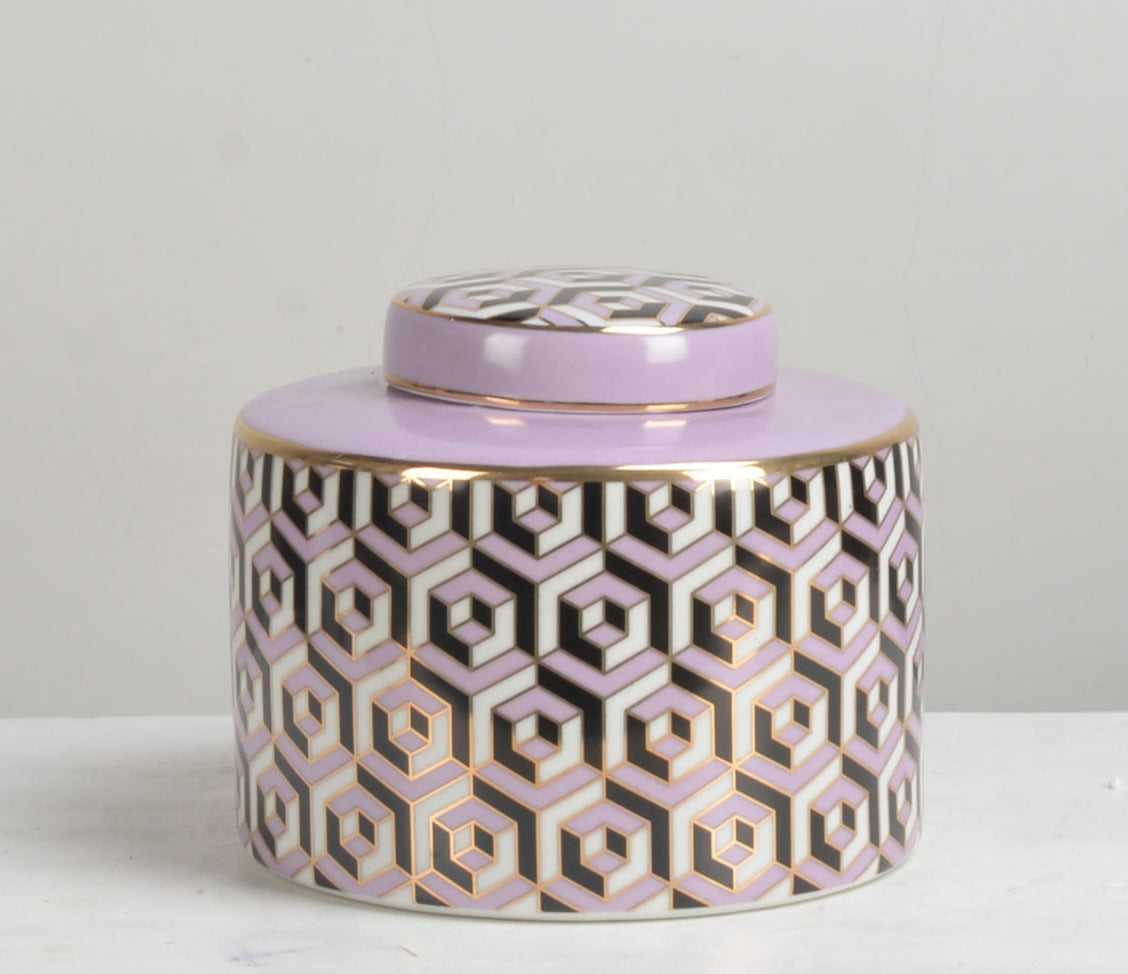 Hexagon Pattern Pink Ceramic Ginger Jar - 16cm
