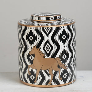 Zigzag Pattern with Gold Horse Ceramic Ginger Jar - 23cm