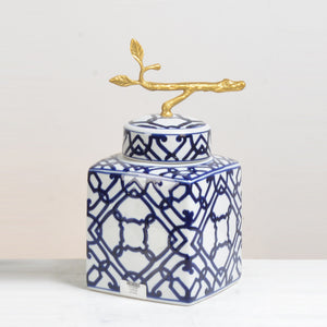 Blue and White Ceramic Ginger Jar with Metal Top - 32cm