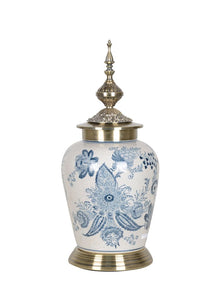 Floral Blue Ceramic Temple Jar with Metal Lid - 46cm
