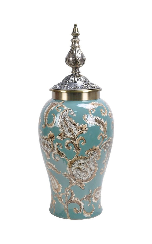 Flower Pattern Temple Jar with Metal Lid - 59cm