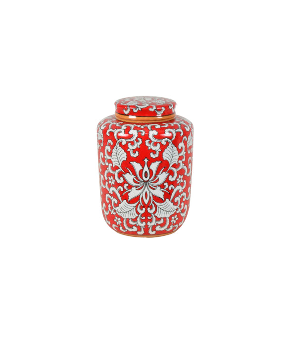 Coral Red and White Ceramic Mini Jar - 17cm