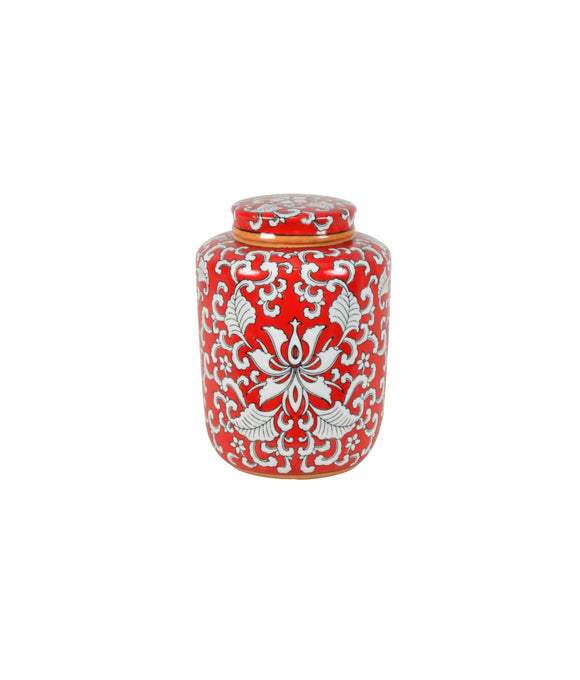 Coral Red and White Ceramic Mini Jar - 17cm