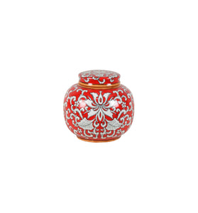 Coral Red and White Ceramic Mini Jar - 12cm