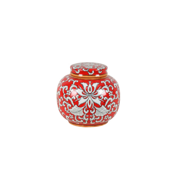 Coral Red and White Ceramic Mini Jar - 12cm